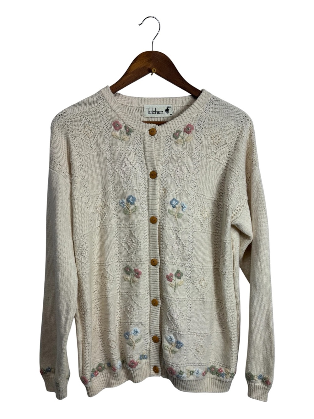 Tulchan Cream Floral Embroidered Knit Cardigan Sweater Medium Grandma